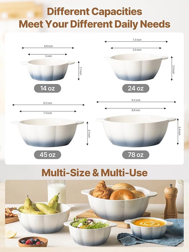 Large Soup Bowls Set of 4, Pumpkin Microwave Mixing Bowls with Handle, Ceramic Serving Bowls for Prepping, Pasta, Salad - Kitchen Cooking and Baking Supplies, Mothers Day Gift