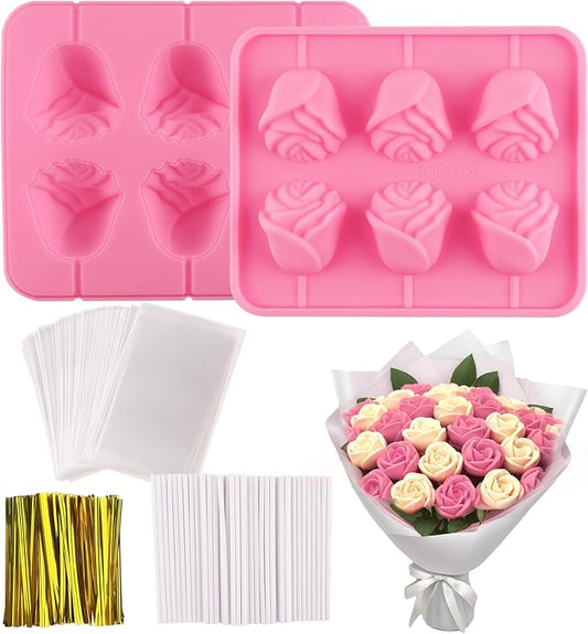 Rose Cake Pop Mold Kit 2 Pack Rose Lollipop Mold Flower Sucker Molds Flower Lollipop Baking Molds Tray with 300pcs Lollypop Sucker Sticks and Bags for Chocolate Jelly Hard Candy Cake Cupcake