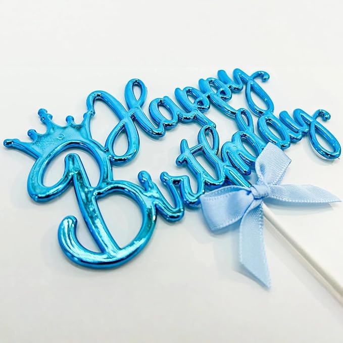 Elegant Acrylic Birthday Cake Topper with Crown & Bow Design - Reusable Decoration for Party, Wedding, Baby Shower (Blue)