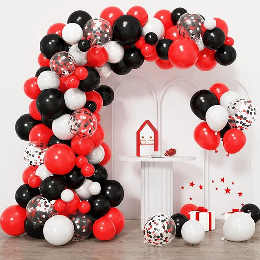 RUBFAC 129pcs Red Black White Balloons Garland Arch Kit, Red and Black White Balloons Arch for Shower Birthday 2025 Graduation Class Decorations Racing Car Poker Card Anniversary Supplies