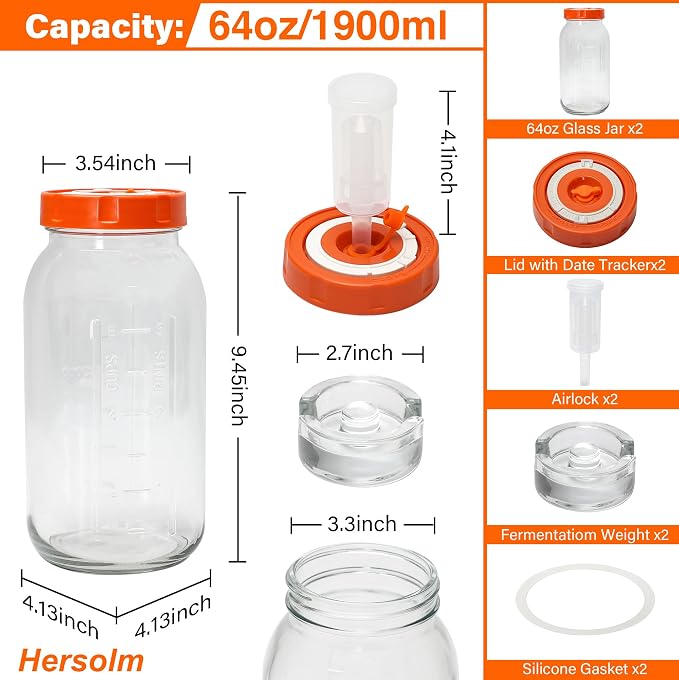 64oz/2L Fermentation Jar Kit, 2 Pack Fermentation Kit with Glass Jars, Fermenting Weights,Seal Lids Can Mark Date and Airlocks for Pickling Sauerkraut Easy Fermenting & Storage(Jar Included)