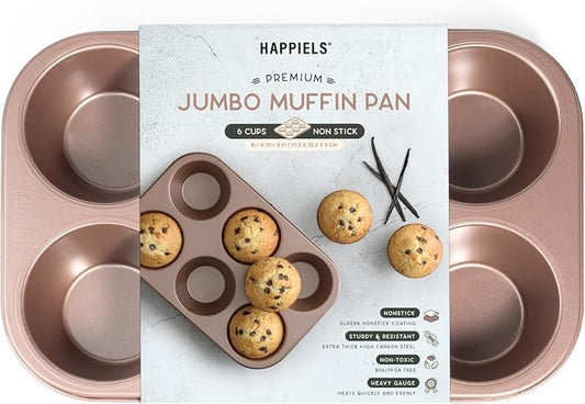 HAPPIELS 6-Cup Jumbo Muffin Pan Nonstick for Oven Baking, PFOA & BPA Free | Non Stick Large Cupcake Tin | Nontoxic Muffins Tins Big Size | Non Toxic Non Stick Baking Trays | Cupcakes Tray