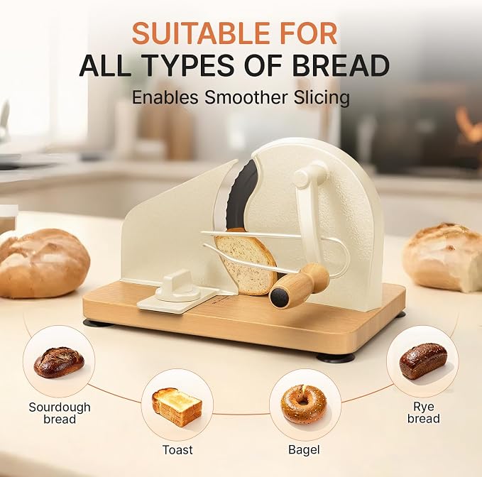 Manual Bread Slicer for Homemade Sourdough, Adjustable Thickness,Hand Crank Bread Cutter with Stainless Steel Blade Slicing Guide, Scale Line Suction Cups & Solid Wood Base
