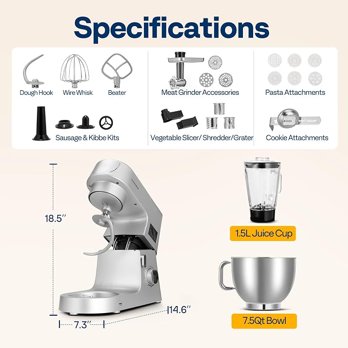 VIVOHOME 9 in 1 Multifunctional Stand Mixer with Fermentation, 6 Speed 7.5 Quart Kitchen Electric Food Mixer with Timer, Meat Grinder, Juice Blender, Vegetable Slicer, Pasta and Cookie Maker, Silver