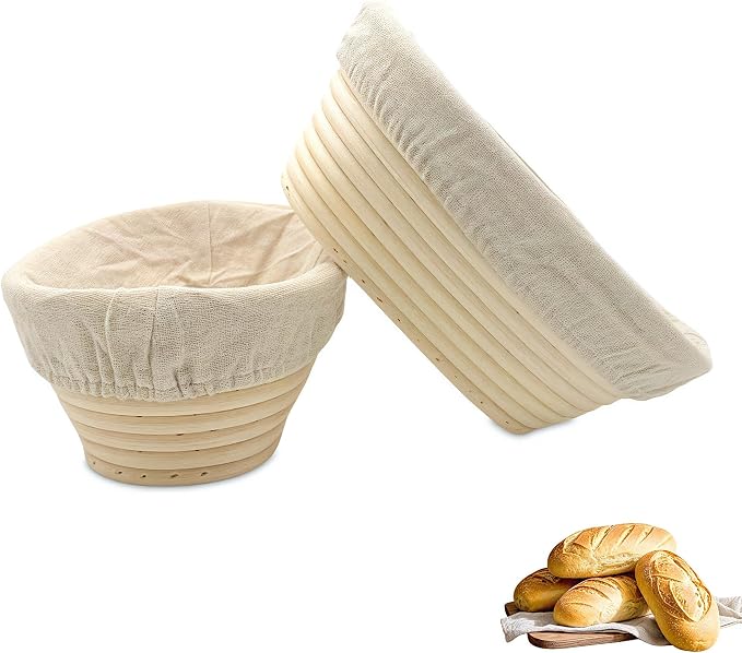 Bread Proofing Basket Set - 2 Oval Banneton Baskets with Linen Liners for Sourdough & Artisan Bread Making, Natural Rattan (8" x 5")