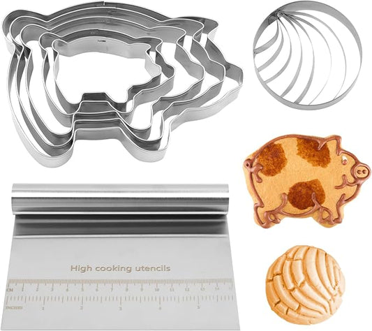 Concha Cutter Set, Mexican Bread Mold With 5 Sizes Pig Cookie Cutters, Concha Stamp Two Sided Mold for Baking Cookies Bread Cake Biscuit, Moldes Para Marcador De Conchas(COLOR:Silver)