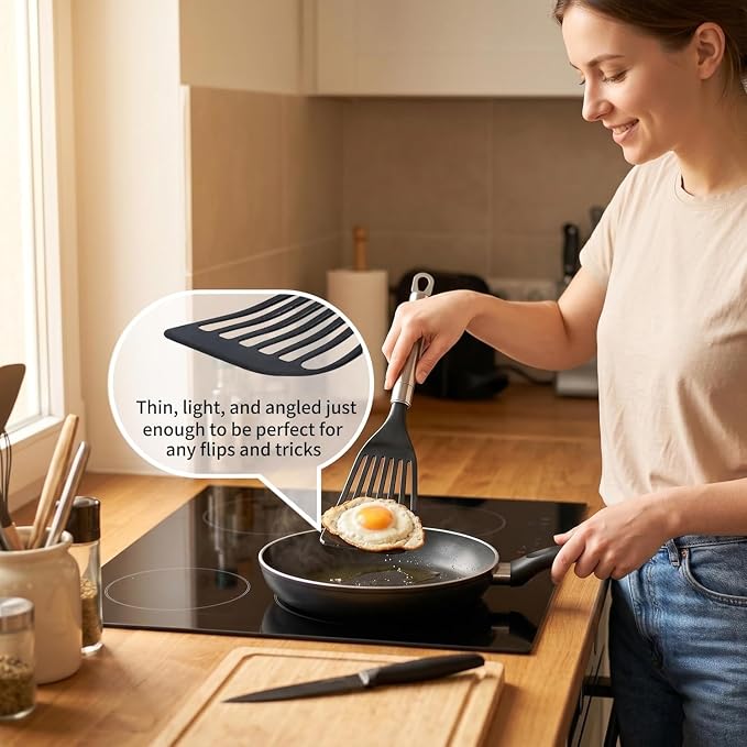 KSENDALO 2 Pack Thin Flexible Fish Spatula for Nonstick Cookware, Black | Egg Flipper Turner, 1 Medium 1 Long Size, Hollow Steel Handle Slotted Angled LFGB Complaint Nylon Blade, Dishwasher Safe