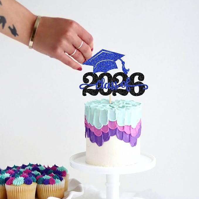 1 Pack Class of 2025 Cake Topper Glitter Congrats Grad Cap 2025 Graduation Cake Pick for 2025 Graduation Theme High School Boys Girls Graduate Party Cake Decorations Supplies Black Blue