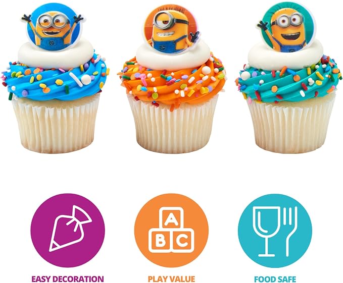DecoPac Minions Cupcake Rings, 24 Despicable Me™ Cupcake Decorations, Phil, Carl and Bob - 24 Pack