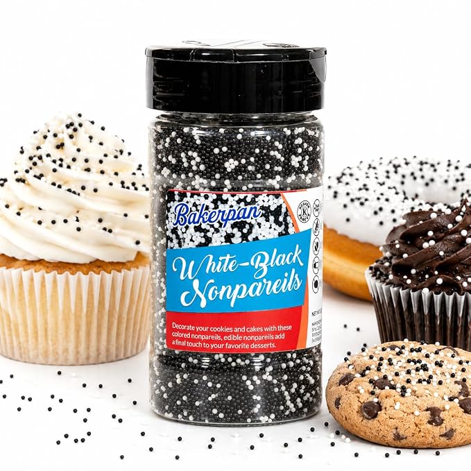 Bakerpan White-Black Nonpareils Sprinkles - 7 Ounces White & Black Sprinkles for Cake Decorating - Edible Nonpareils for Cupcakes, Ice Cream, Cake Decorations (Made in USA)