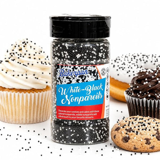 Bakerpan White-Black Nonpareils Sprinkles - 7 Ounces White & Black Sprinkles for Cake Decorating - Edible Nonpareils for Cupcakes, Ice Cream, Cake Decorations (Made in USA)
