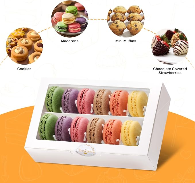 20 Pack Macaron Boxes with Window - 7.3x4.6x2 in Macaron Packaging Containers Holds 12-16 pcs,Small Cookie, Truffle and chocolate covered strawberry boxes for Gift Giving