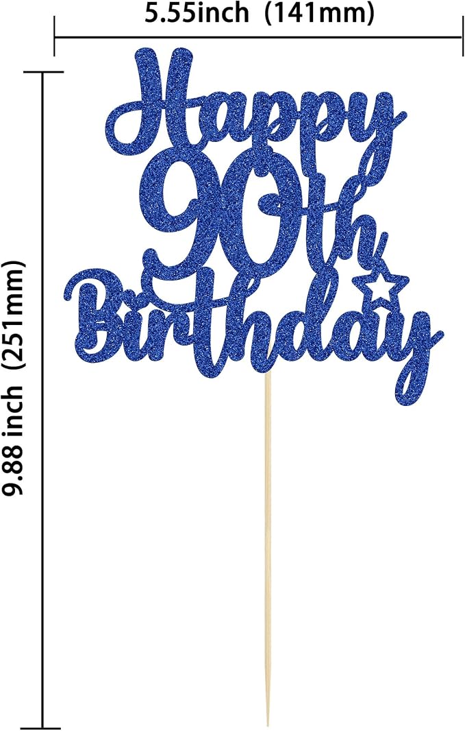 Gyufise 1Pc Happy 90th Birthday Cake Topper Glitter 90 & Fabulous Cheers to 90 Years Old Birthday Cake Pick for Celebrating 90th Birthday Anniversary Party Cake Decorations Supplies Blue