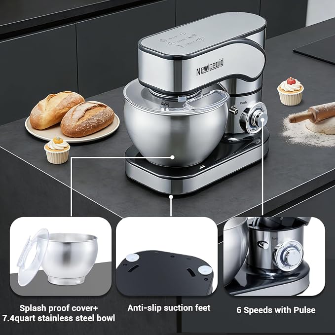 Stainless Steel Stand Mixer, 6-Speed Tilt-Head Mixer with 700W Powerful Motor, 7.4QT Large Capacity Bowl, Electric Kitchen Mixer with Dough Hook, Beater, Whisk for Baking & Dough Making