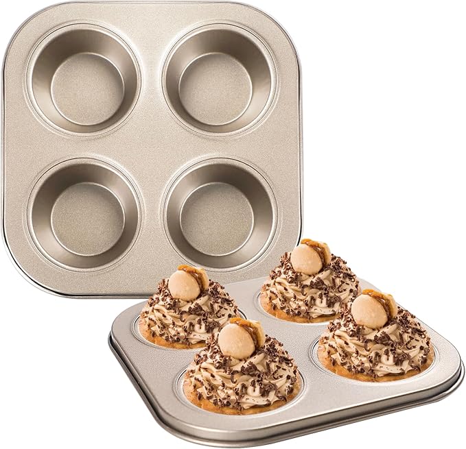 4-Hole Muffin Pan, Bakeware Non-stick Cupcake Baking Pan Mini Pie Pans, Heavy Duty Carbon Steel Muffin Tray Standard Baking Mold Pan for Oven Bakings (COLOR:Gold, 1pc)
