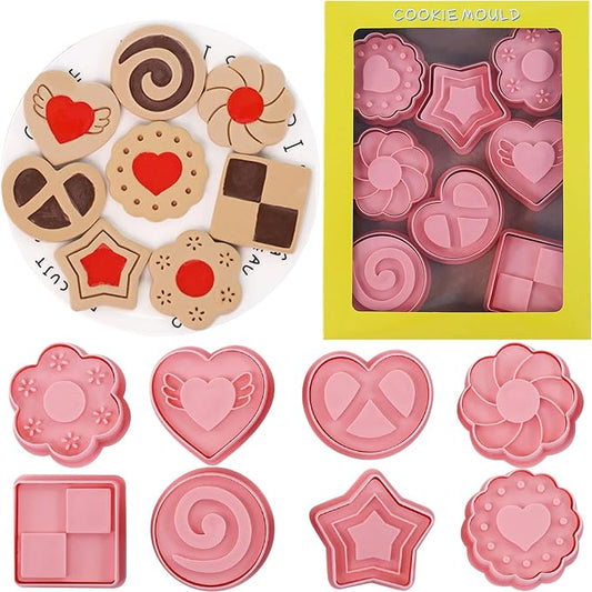8 Pcs Jam-Filled Sandwich Cookie Cutter Set 3D Heart Star Flower Pressable Embossing Cookie Stamps with Plunger for DIY Baking Kitchen Bakeware Tool Biscuit Fondant Party Supply Cracker Pie