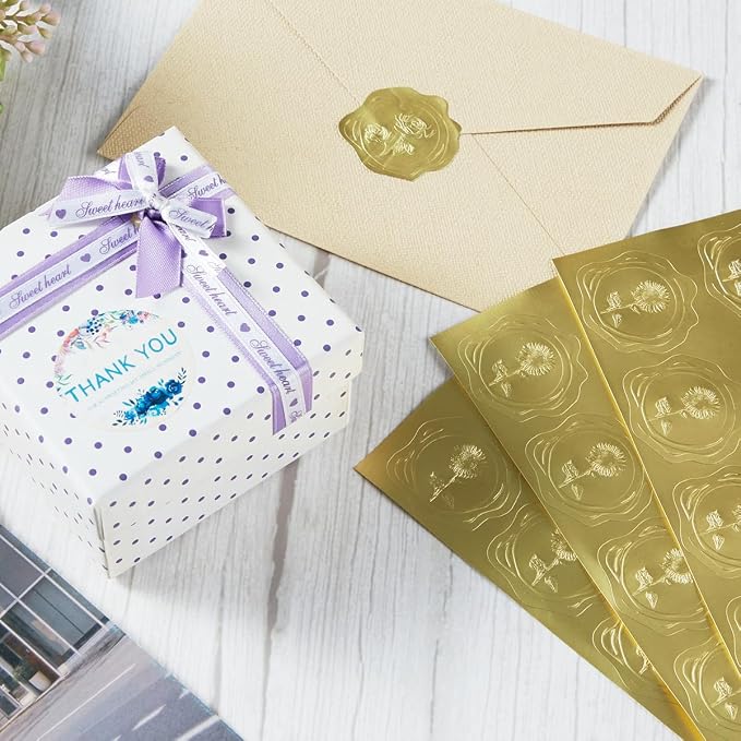 300 Pieces Embossed Gold Foil Stickers, Gold Sunflower | For Envelopes, Wedding Invitations, Christmas Greeting Cards