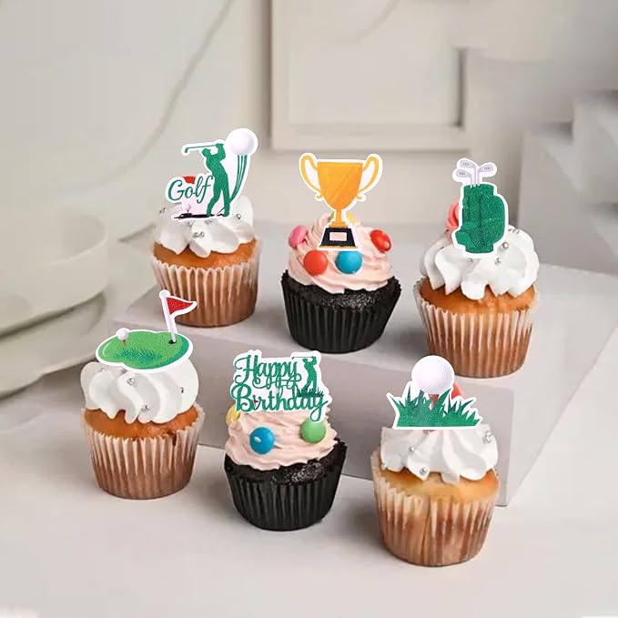 56 PCS Edible Golf Cupcake Toppers Wafer Paper Trophy Lawn Golf Shoes Bag Ball Carts Cupcake Picks Edible Golf Cake Decorations for Golf Sports Player Theme Baby Shower Kids Birthday Party Supplies