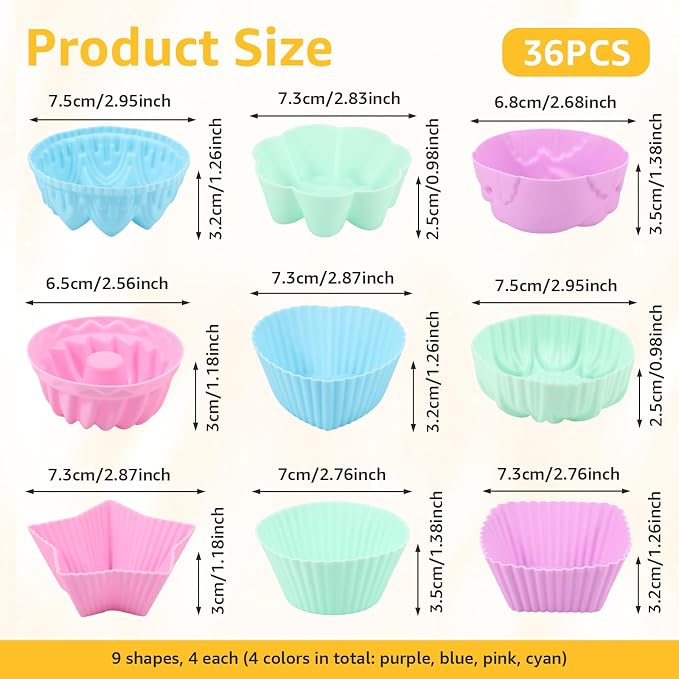 36Pcs Silicone Donut Mold, Non-Stick Muffin Liners, Reusable Bagel Baking Cups, 9 Types Stackable Donut Trays, Heat Resistant Bakeware for Bagel Muffin Jelly