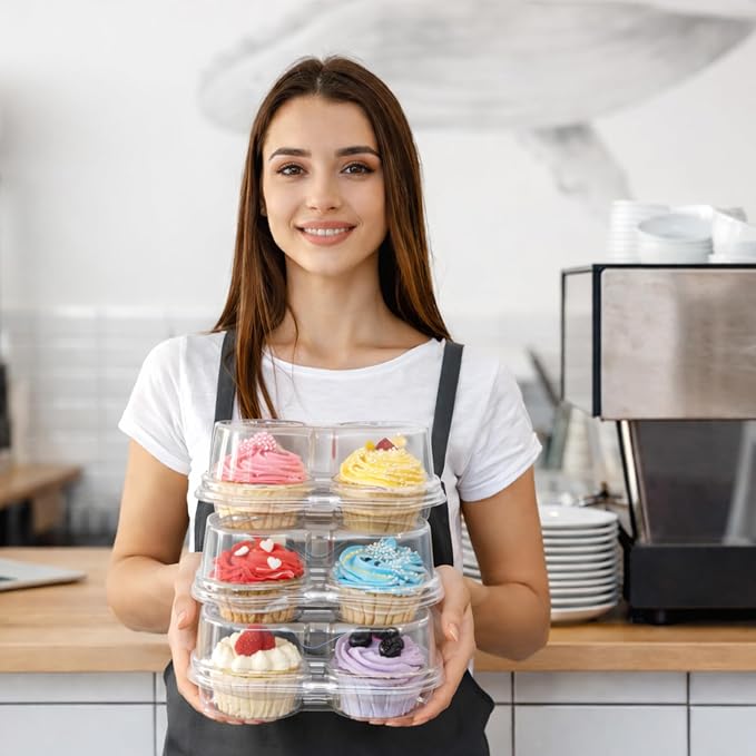 WIKDAY 2 Count Cupcake Containers with Lids, 50 Pack Stackable cupcake holders Clear Plastic Dessert Boxes for 100 Cupcakes, Muffins