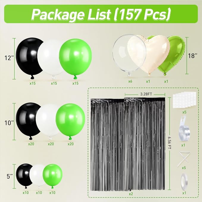 157Pcs Black White and Lime Green Balloons Garland Arch Kit with Black Fringe Curtain for Birthday Bridal Baby Shower Gender Reveal Weddings Graduation Party Decorations