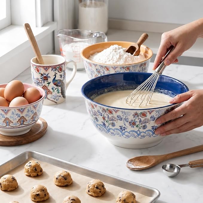 TP Mixing Bowl Set with Lids, 6-Piece Melamine Nesting Bowls Set for Pasta Baking Salad Mixing, Set of 3, Ottoman Floral