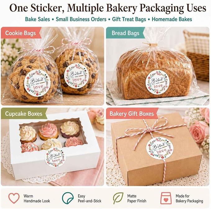 Baked with Love Stickers for Bakery Packaging: Matte Paper Floral Round Labels for Homemade Cookies Bread Cupcakes Treat Bags Small Business Packaging 120 Count 1.6 Inch