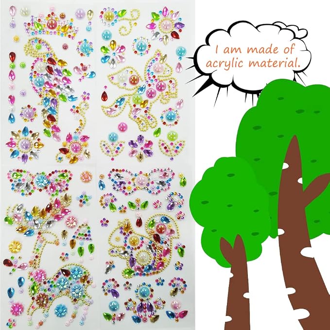 Jewel Gem Sticker Acrylic Phone Sticker Self-Adhesive Crystal Animal Rhinestone Decal Butterfly Parrot Reindeer Squirrel Love for Crafts DIY Water Bottle Bling Mirror Kid Handmade Decor 8 Sheets