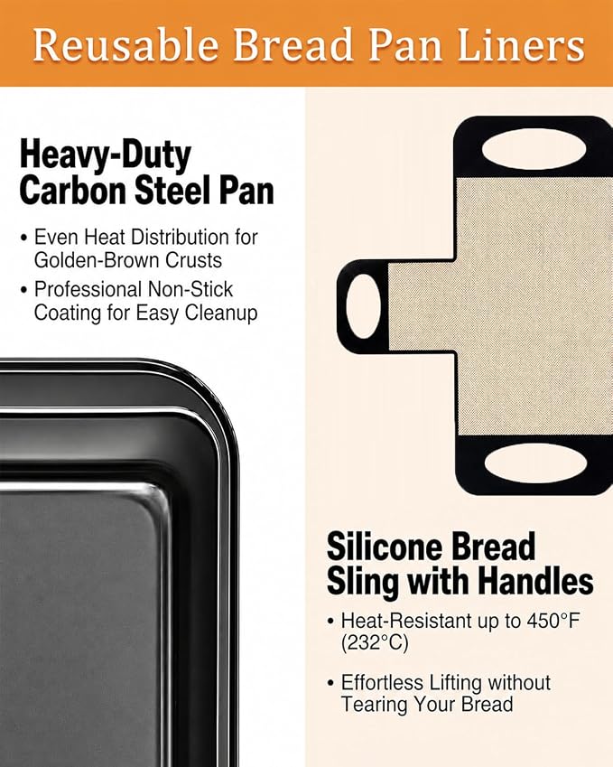 9x5 Loaf Pans for Baking Bread, 2-Pack Bread Loaf Pan Set with Silicone Bread Sling Liners, Nonstick Loaf Liners for Sourdough, Banana Bread, Homemade Bread