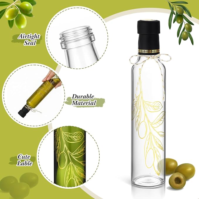 Reallnaive 12 Sets 8 oz Glass Olive Oil Bottles Empty Sauce Condiment Bottles with Tags and Twine and Funnel for Storing Homemade Oil Christmas Wedding Baby Shower Gifts(Olive Leaf, Clear)