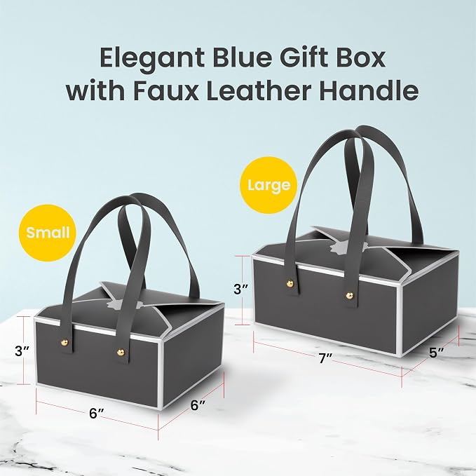 Hammont Gift Boxes - 4 Pack of Gift Boxes with Faux Leather Handles - Cookie Boxes - Versatile Gift Boxes for Presents - Elegant Box for Cakes Candy | Jewelry | Chocolates (5"x7"x3" (Grey))