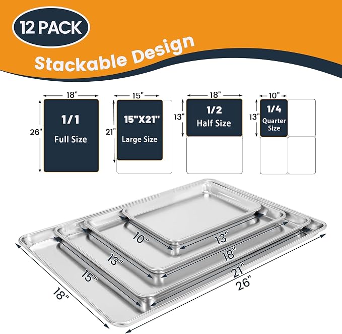 12 Pack Half Size Aluminum Baking Sheet Pan, 18 x 13 in | NSF, Aluminum Commercial Cookie Sheets, Non-Stick, Oven Safe Up to 500℉