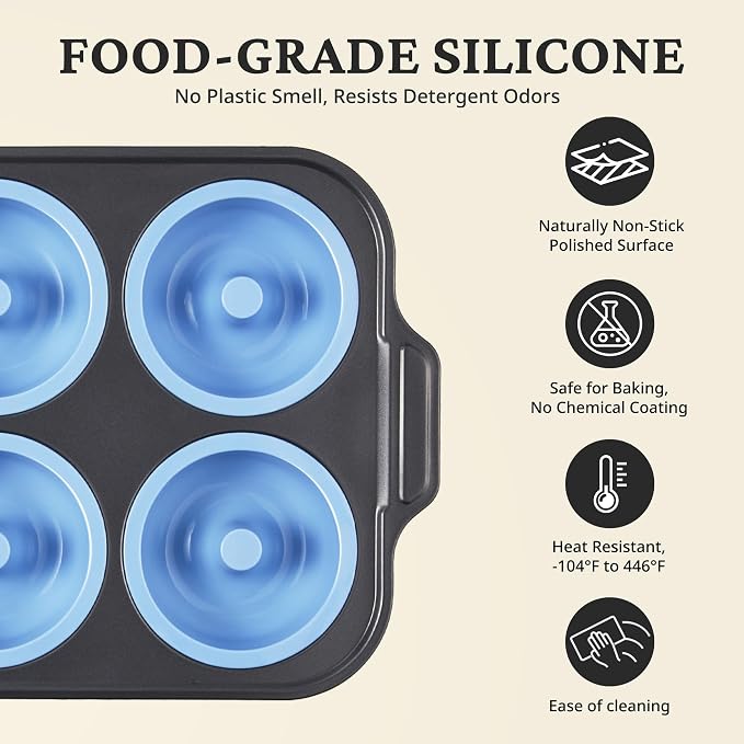 BRONYPRO Silicone Donut Pan for Baking with Metal Reinforced Frame, 6-Cavity Nonstick Doughnut Mold, Large Donut Size, Food-Grade Bakeware, Oven Dishwasher Freezer Safe, Blue
