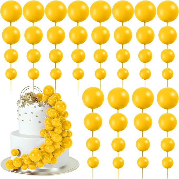 48 Pcs Yellow Cake Topper Decorations - Balloon Cupcake Toppers Foam Cake Balls for Birthday Party, Wedding Anniversary Cake Decorating