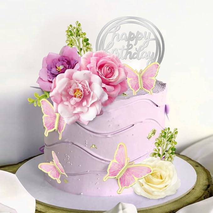 19 PCS Flower Cake Toppers Butterfly Cake Decorations with Artificial Pink Rose Flowers Eucalyptus Butterflies for Girls Birthday Party Wedding Baby Shower Supplies (HOT PINK)