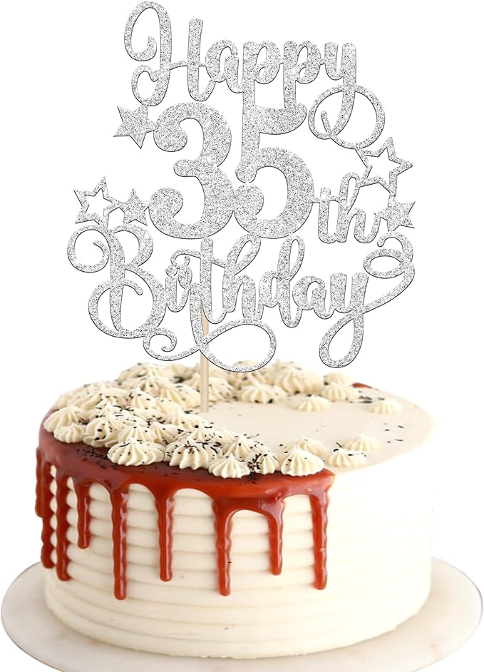 1 PCS Happy 35th Birthday Cake Topper Glitter Cheers to 35 Years Birthday Cake Pick Hello 35 Fabulous Cake Decoration for Happy 35th Birthday Anniversary Party Decorations Supplies silver