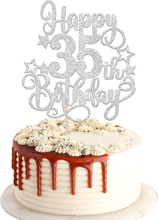 1 PCS Happy 35th Birthday Cake Topper Glitter Cheers to 35 Years Birthday Cake Pick Hello 35 Fabulous Cake Decoration for Happy 35th Birthday Anniversary Party Decorations Supplies silver