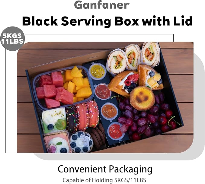 Black Cardboard Grazing Box, 8 PCS Outdoor Platter Serving Box w/Clear Lid for 5-8 People To Go, Stably Filled Disposable Catering Trays w/Lid for Food Take Out (15"x10"x3.5")