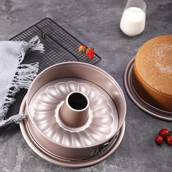 CHEFMADE10 Inch Springform Pan and Tube Pan,Non-stick Cheesecake Bakeware and Ice-cream Cake Bakeware, Carbon Steel Tube Cake Pan 2 in 1 with Removable Bottom