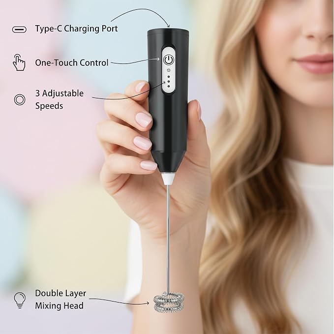 Puraville Rechargeable Electric Milk Frother Handheld, 3 Speeds Electric Whisk Drink Mixer, Type-C Charging BPA Free for Coffee, Latte, Cappuccino, Egg, Cream, Black