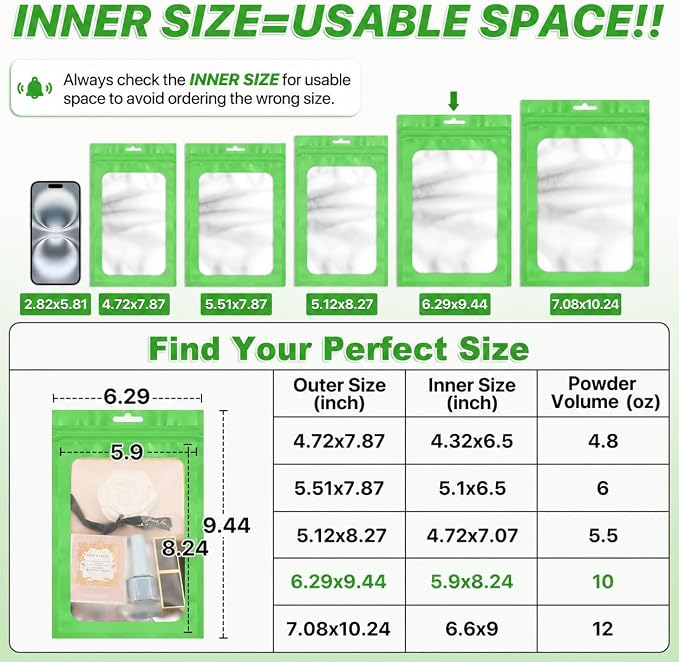 ANZNKU 100 Pack Lime Green Resealable Mylar Bags with Frosted Clear Window 6.29x9.44", Smell Proof Foil Pouch for Jewelry Candy Storage Supplies, Sealable Packaging Bags for Small Business