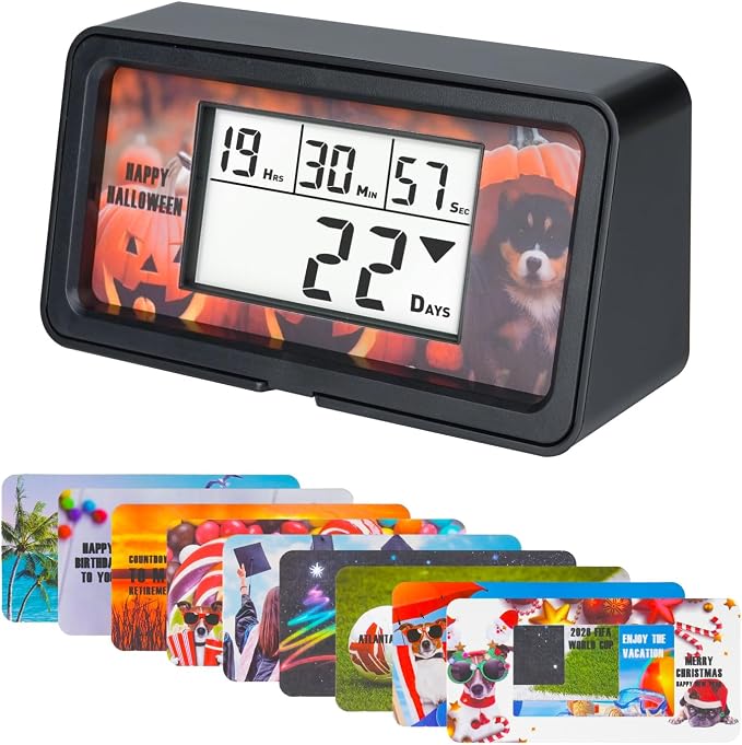 9999-Day Countdown Clock with 10 Cards for Wedding and Vacation | Shows total days, hours, minutes and seconds; 10 swappable paper themes, magnetic frame, 12/24-hour clock, 1-minute alert