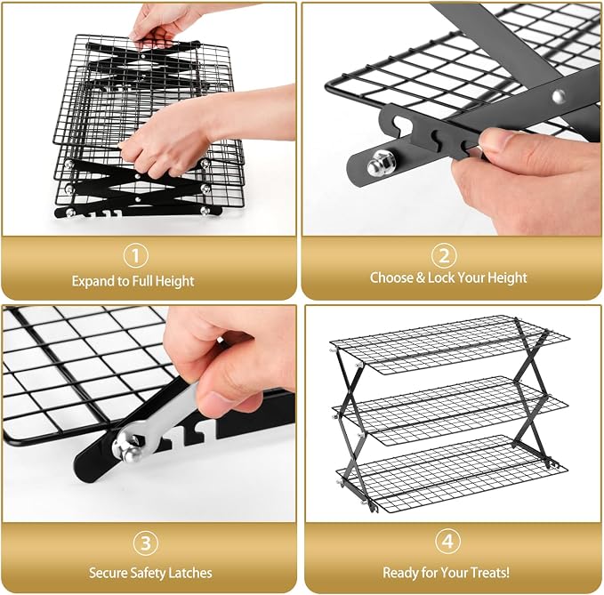 3-Tier Stackable Cooling Rack for Baking, Collapsible Wire Cookie Rack with Adjustable Heights, Non-Stick Roasting & Drying Rack for Cupcakes, Pies and Pastries, Space-Saving Kitchen Essential