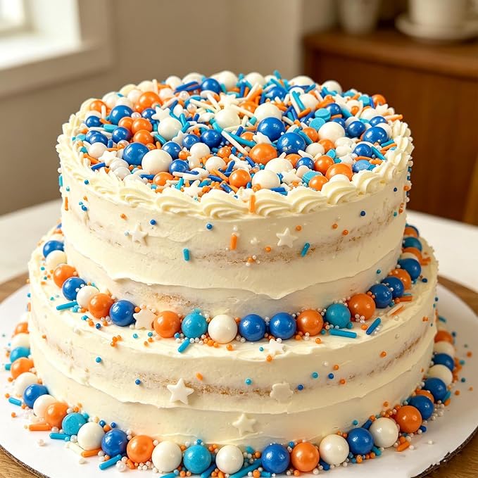 Sentovac Orange and Blue Sprinkle Edible Cake Decorations Orange Blue White Pearl Jimmies Mix Sprinkle Cake Cupcake Topper Cookie Baking Decorations Wedding Party Valentine Halloween Supplies