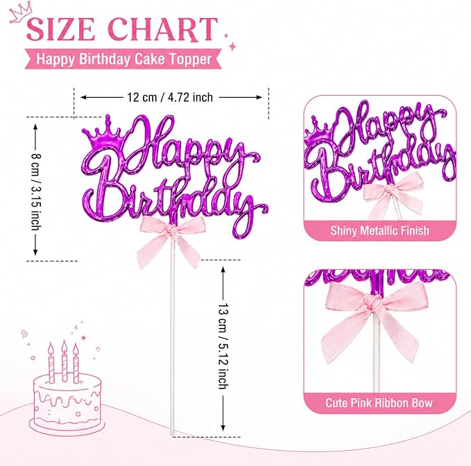 Purple Acrylic Happy Birthday Cake Topper with Crown and Bow | Glossy purple acrylic script with crown and bow adds an elegant finishing touch to birthday cakes and celebration desserts.
