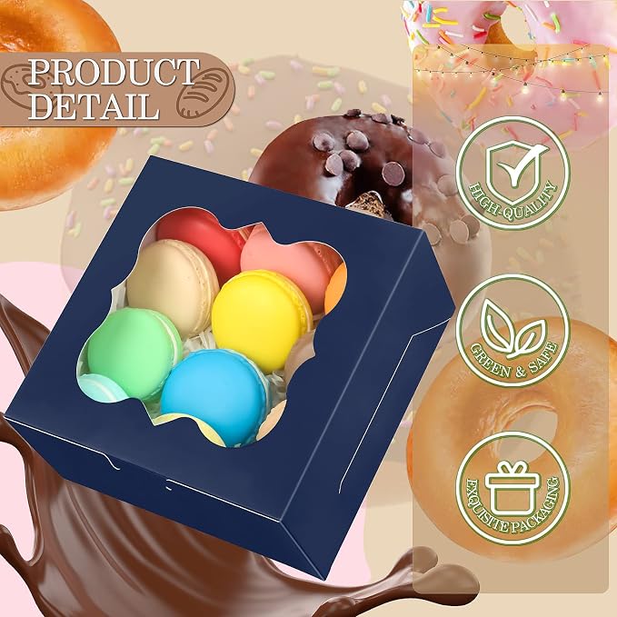 KPOSIYA 65PCS Bakery Boxes with Window 6x6x3 Inches 5 Style Cookie Boxes Small Pastry Boxes for Candy, Dessert, Pastry, Donuts, Birthday Party, Wedding(Blue)