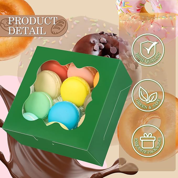 KPOSIYA 65PCS Bakery Boxes with Window 6x6x3 Inches 5 Style Cookie Boxes Small Pastry Boxes for Candy, Dessert, Pastry, Donuts, Birthday Party, Wedding(Green)