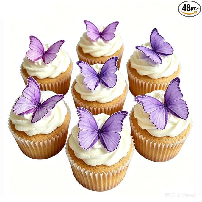 Weraru 48Pcs Edible Wafer Paper Butterflies Cupcake Topper Purple Cake Decorations