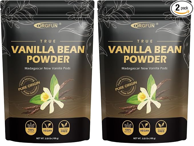 ORGFUN Vanilla Bean Powder 3.53 Oz, Native Ground Madagascar Vanilla Powder Pure Natural No Fillers or Additives Great for Baking, Desserts, Coffee Vegan Gluten Free 100G (Pack of 2)