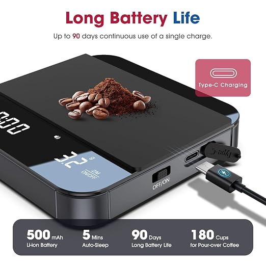 Mik-Nana Mini Coffee Scale with Timer, 2kg/0.1g Rechargeable Espresso Scale | Digital Kitchen Scale for Espresso and Pour-Over Coffee, 4 Brew Modes